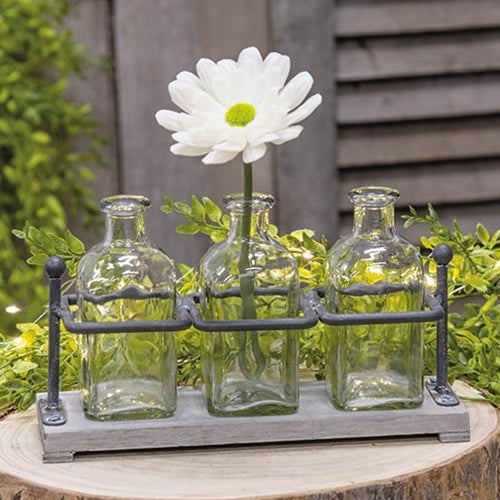Wood & Iron Bottle Holder With 3 Bottles