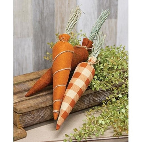 Stuffed Orange Felt & Buffalo Check Carrots - Set of 3