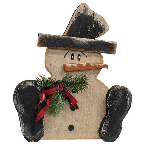 Rustic Wood Snowy Sitting Top Hat Snowman