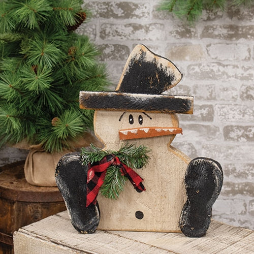Rustic Wood Snowy Sitting Top Hat Snowman