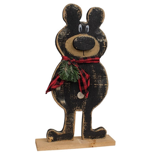 Rustic Wood Standing Winter Black Bear on Base