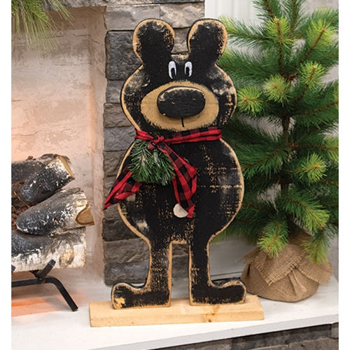 Rustic Wood Standing Winter Black Bear on Base