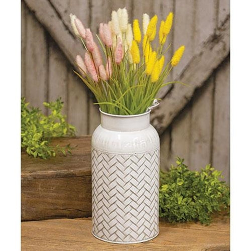 Distressed White Metal Basket Weave Milk Can