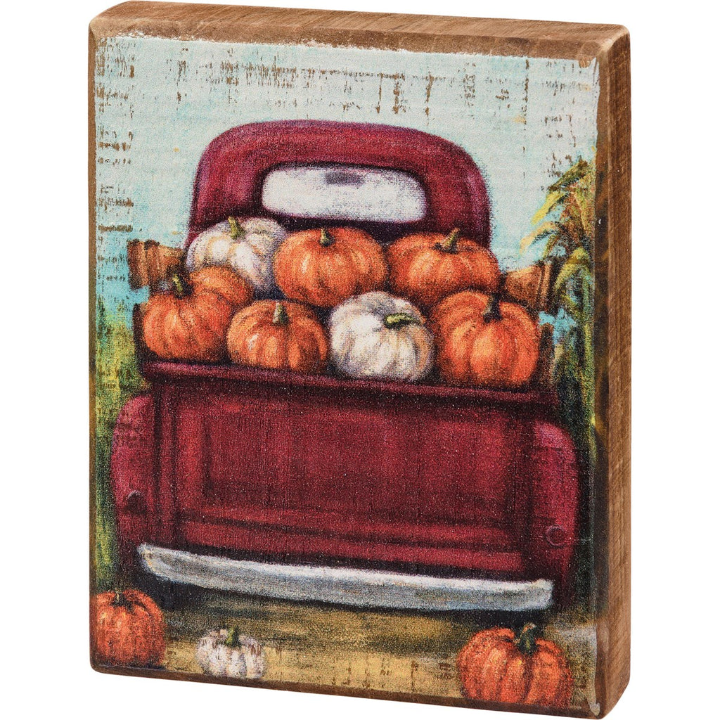 Red Truck And Pumpkins Block Sign