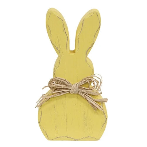 Distressed Chunky Wooden Pastel Bunny Sitter with Raffia Bow - Yellow