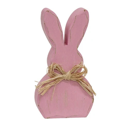 Distressed Chunky Wooden Pastel Bunny Sitter with Raffia Bow - Pink