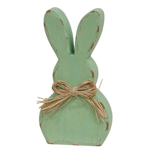 Distressed Chunky Wooden Pastel Bunny Sitter with Raffia Bow - Green